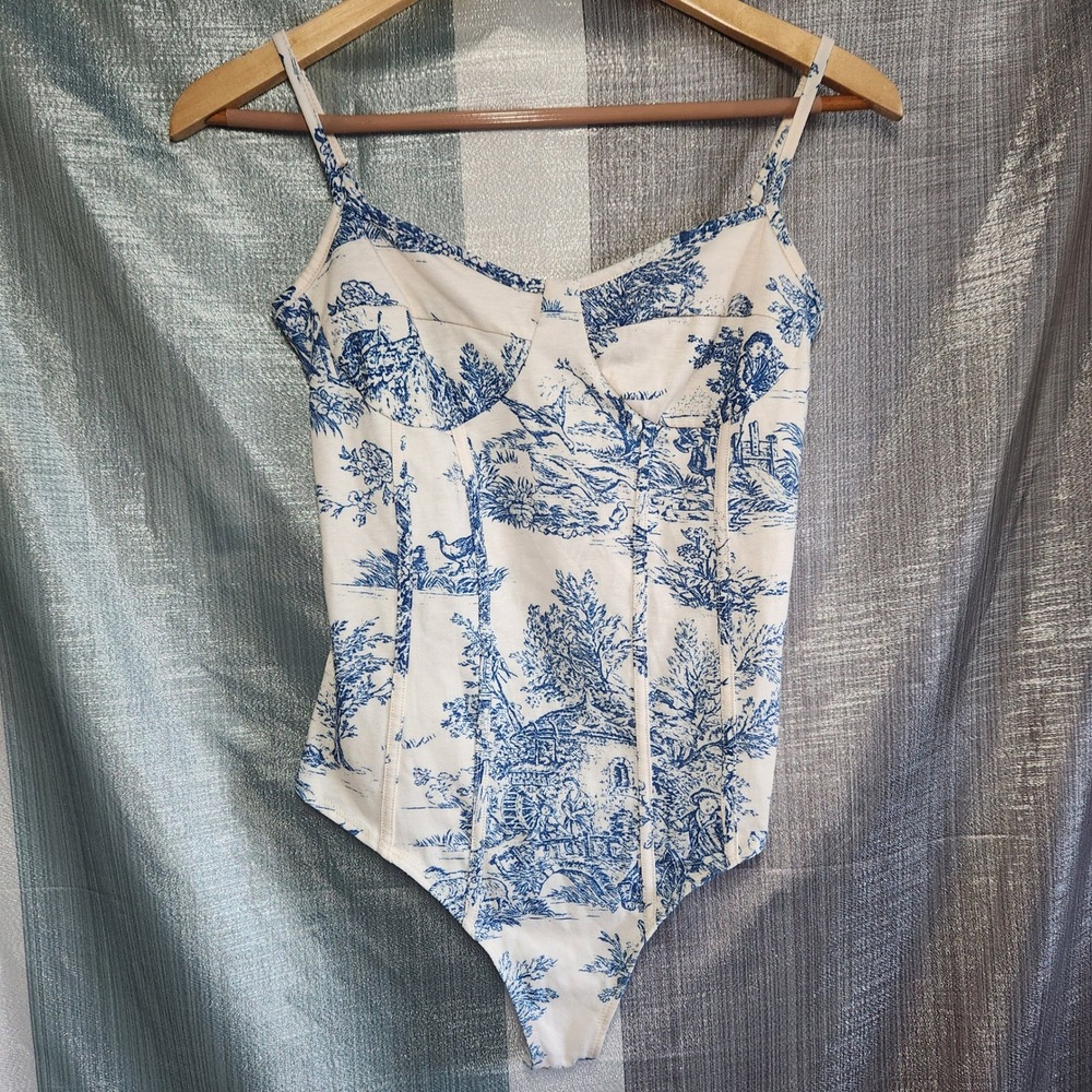 Cider Blue Toile de Jouy Corset Bodysuit XS Cream Pastoral Cottagecore Rococo
